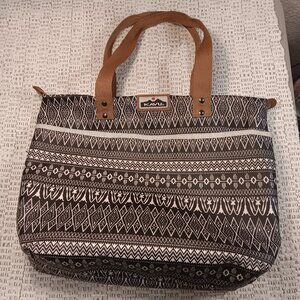 Kavu coated canvas black & white ikat tribal style print large tote bag purse